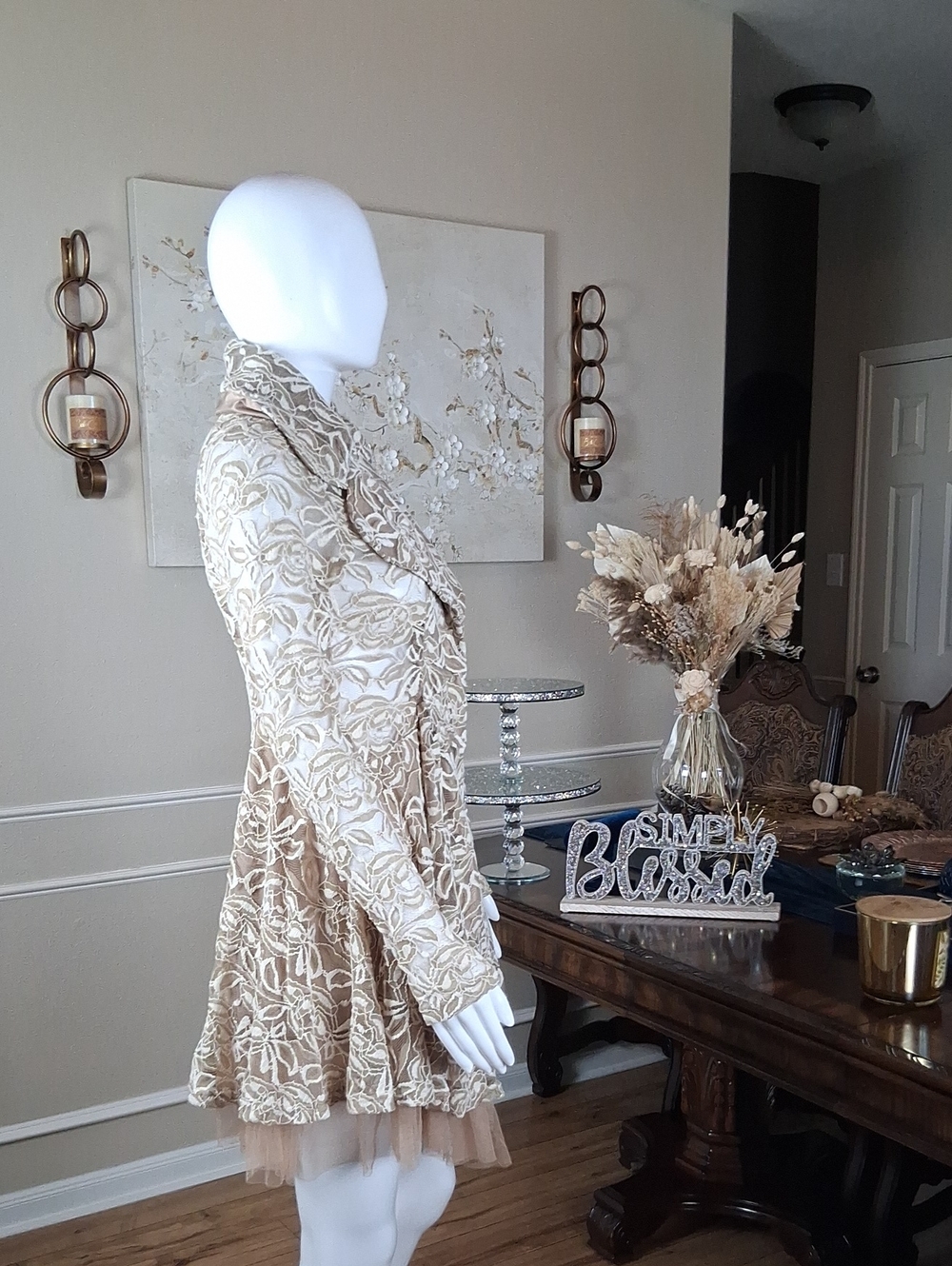 Women's Ivory And Tand Floral Lace Fit-and-Flare Coat Dress Tulle Trim Small - Picture 13 of 16